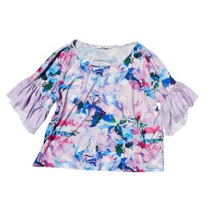 SAKURAFINA Plus Size 3XL Floral Stretch Top with Ruffle Accents